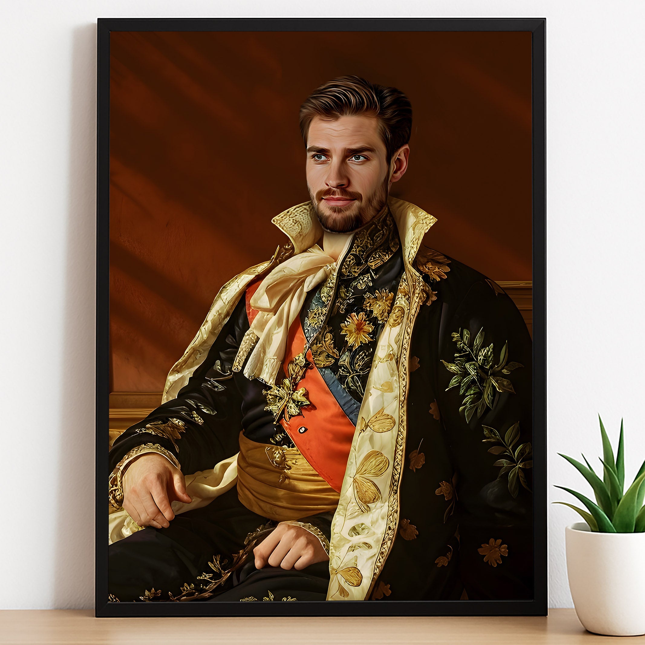 Custom Royal Embroidered Portrait – Man in Regal Floral Suit and Sash