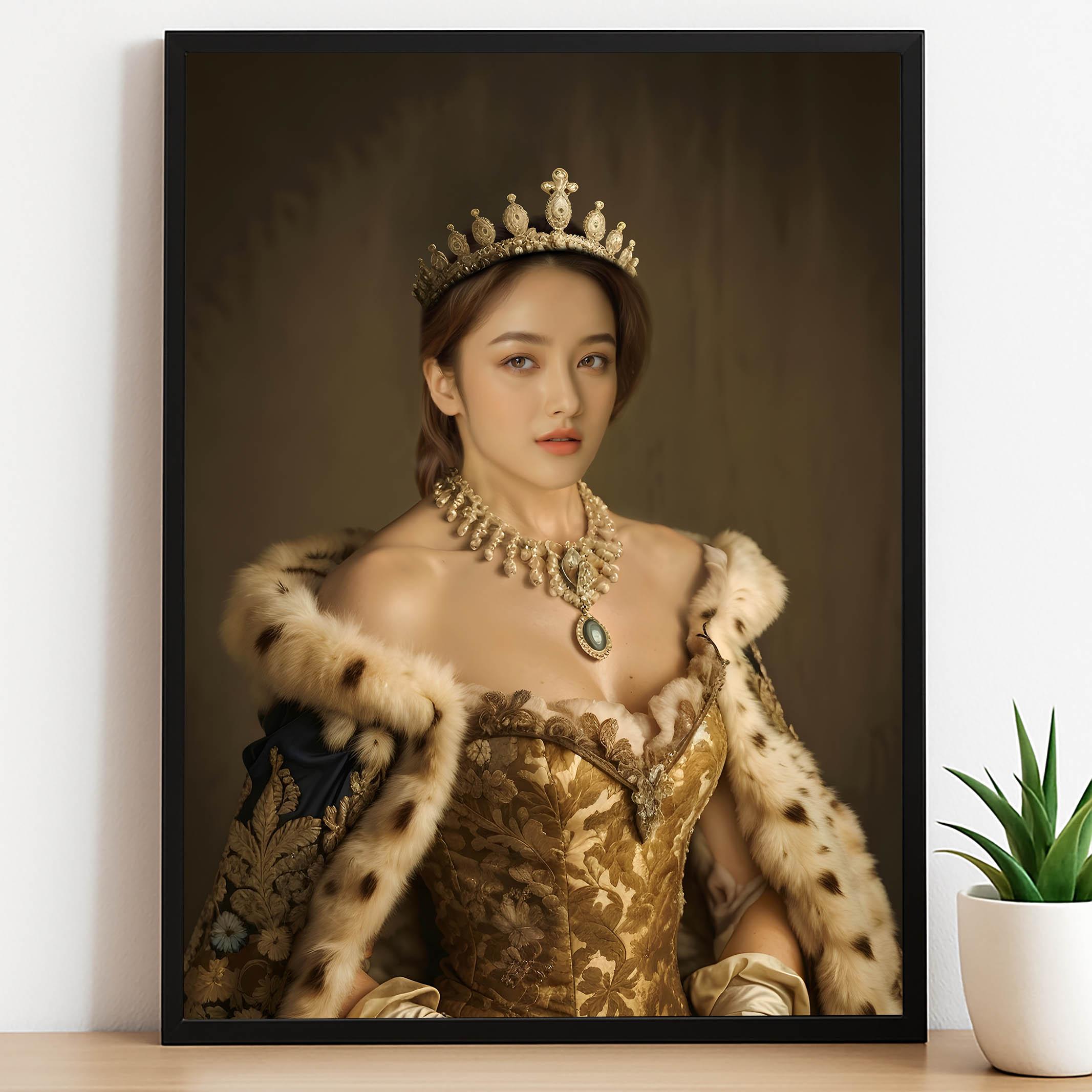 Golden Throne Queen Portrait - Custom Royal Female Wall Art printed custom portrait held in hands - Furr and Family