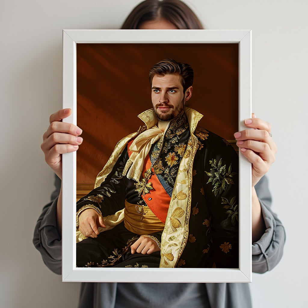Custom Royal Embroidered Portrait – Man in Regal Floral Suit and Sash