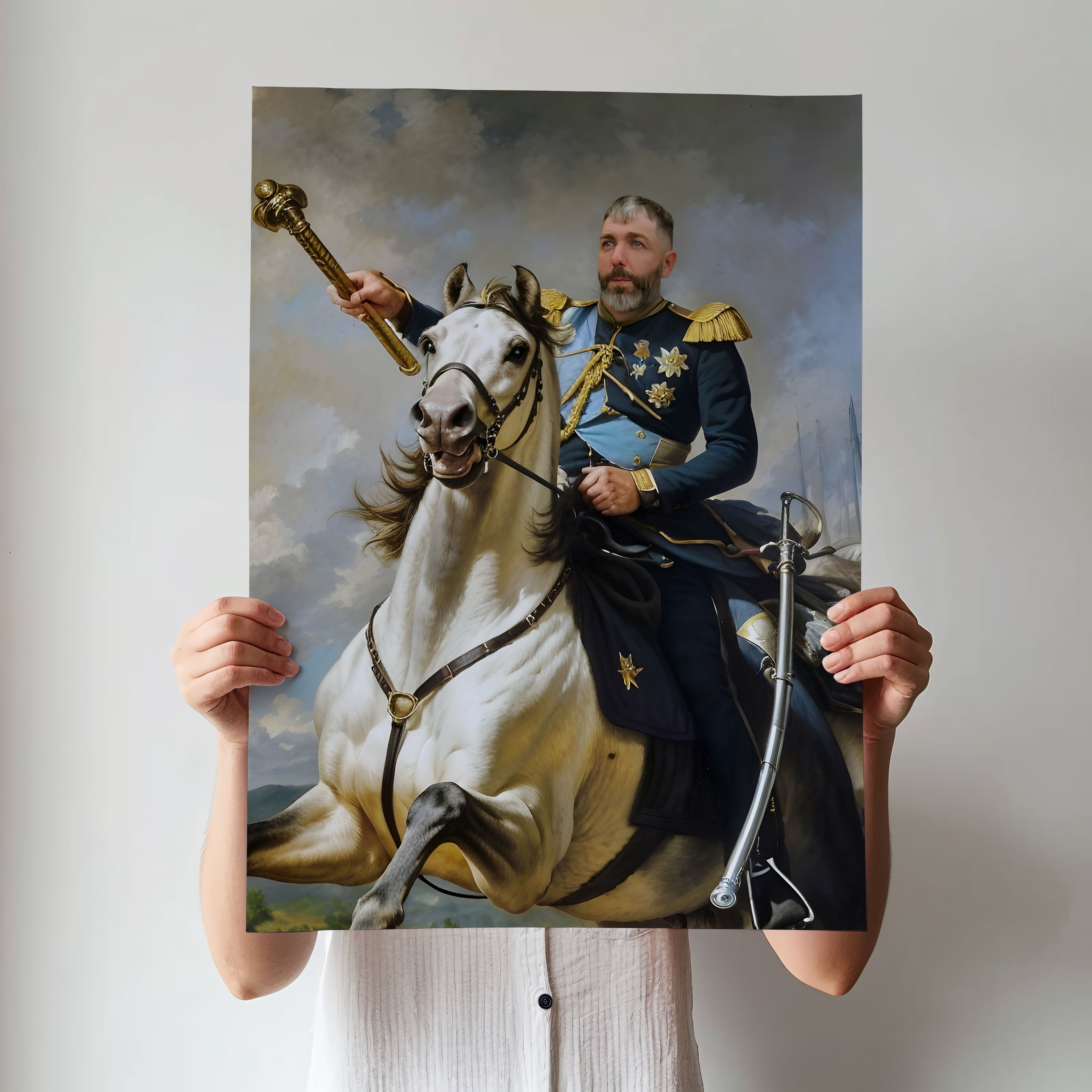 Custom Horseback Portrait – Man on White Horse with Blue and Gold Uniform