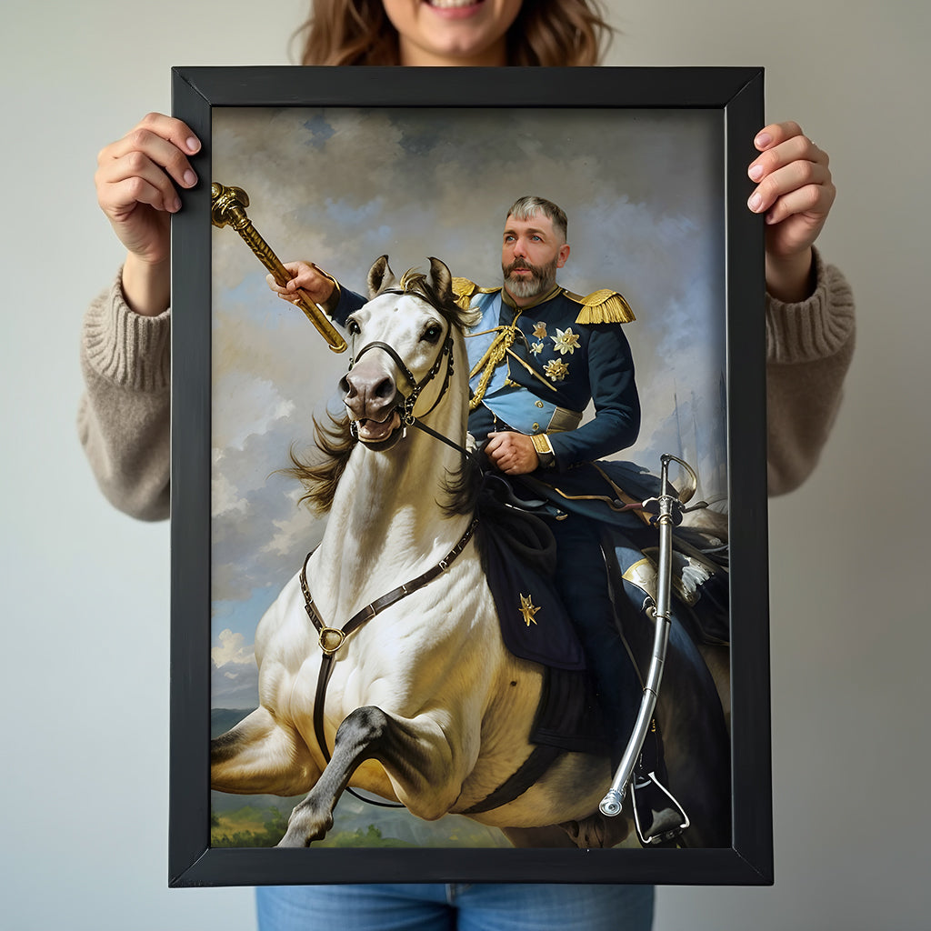 Custom Horseback Portrait – Man on White Horse with Blue and Gold Uniform