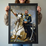 Custom Horseback Portrait – Man on White Horse with Blue and Gold Uniform