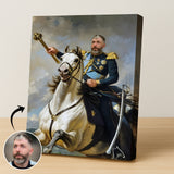 Custom Horseback Portrait – Man on White Horse with Blue and Gold Uniform