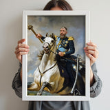 Custom Horseback Portrait – Man on White Horse with Blue and Gold Uniform