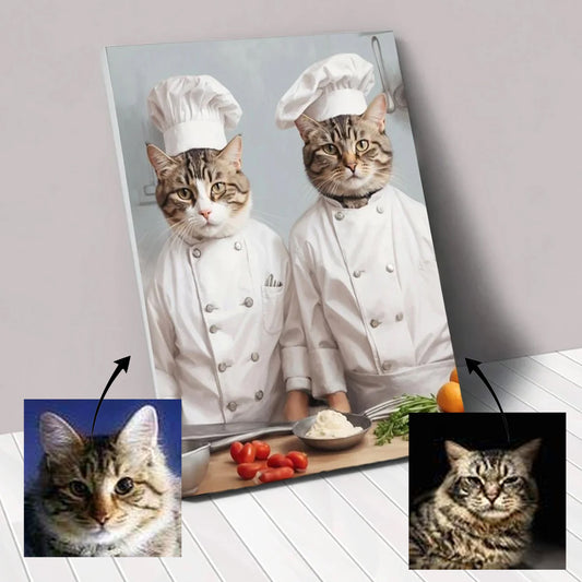 Custom pet portrait featuring two pets dressed as chefs, wearing hats and aprons, with playful culinary elements in the background