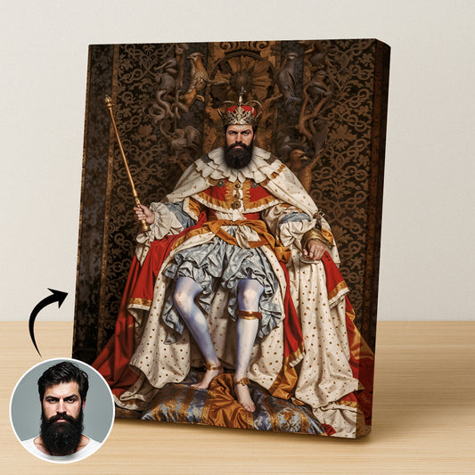 Custom Barefoot King Portrait – Man Seated on Ornate Throne with Scepter