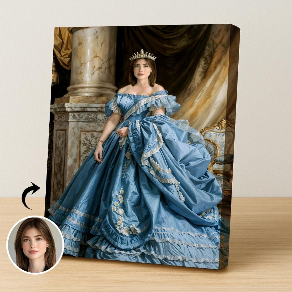 Personalized Victorian Blue Ball Gown Portrait - Royal Female Artwork printed custom portrait held in hands - Furr and Family