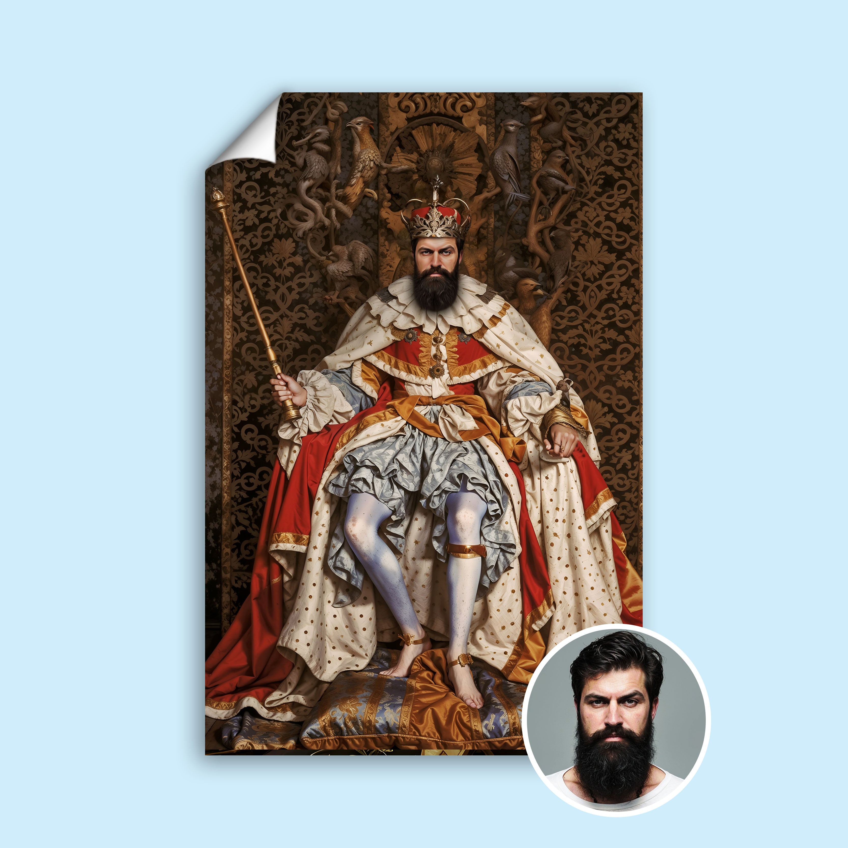 Custom Barefoot King Portrait – Man Seated on Ornate Throne with Scepter