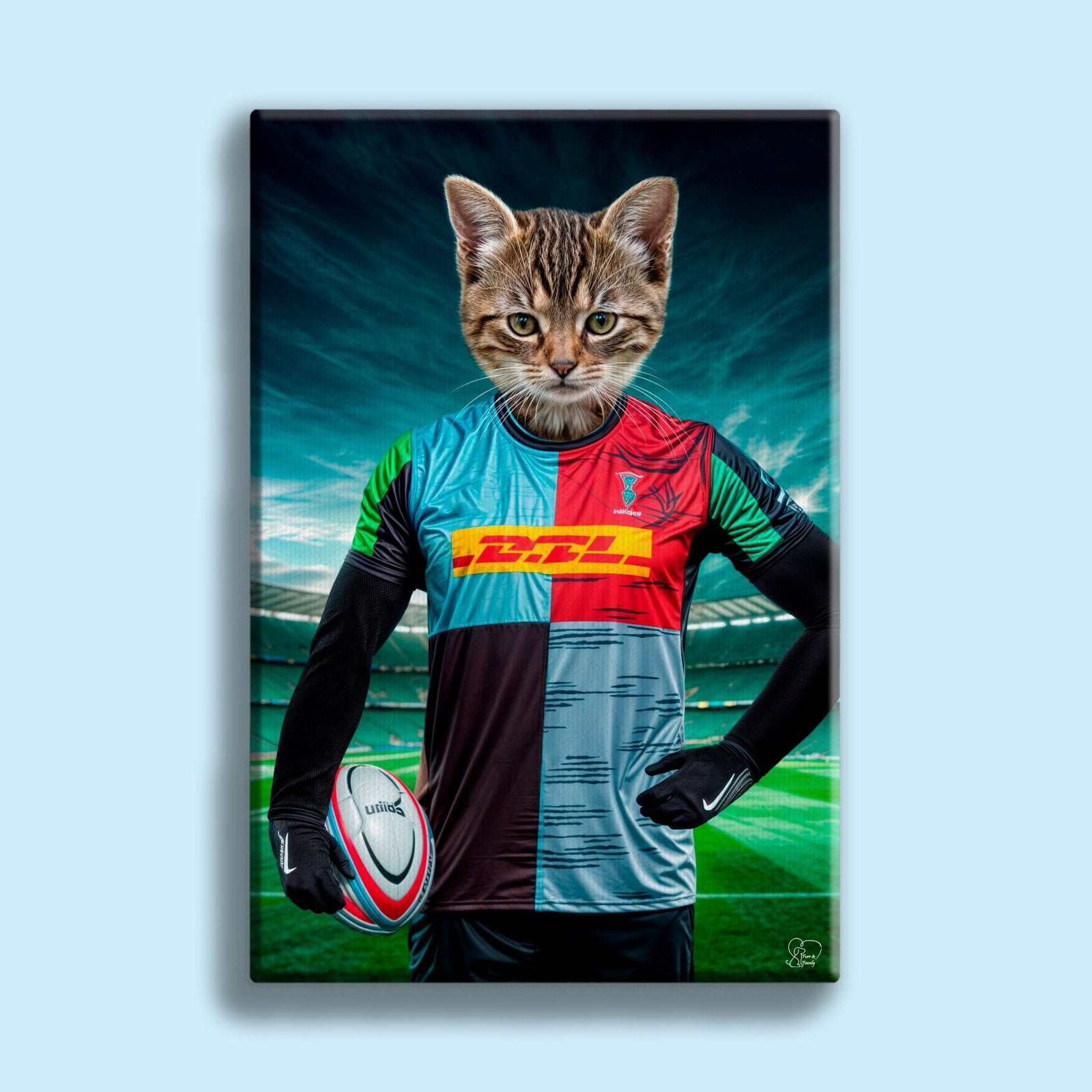 Custom pet portrait of a dog or cat in a rugby jersey, hand-illustrated from a customer photo with sporty, team-inspired artwork
