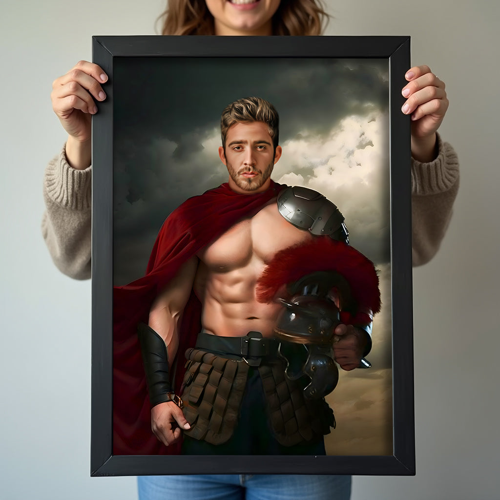 Custom Spartan Portrait – Shirtless Warrior with Cape and Helmet