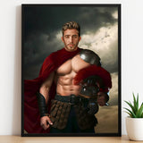 Custom Spartan Portrait – Shirtless Warrior with Cape and Helmet