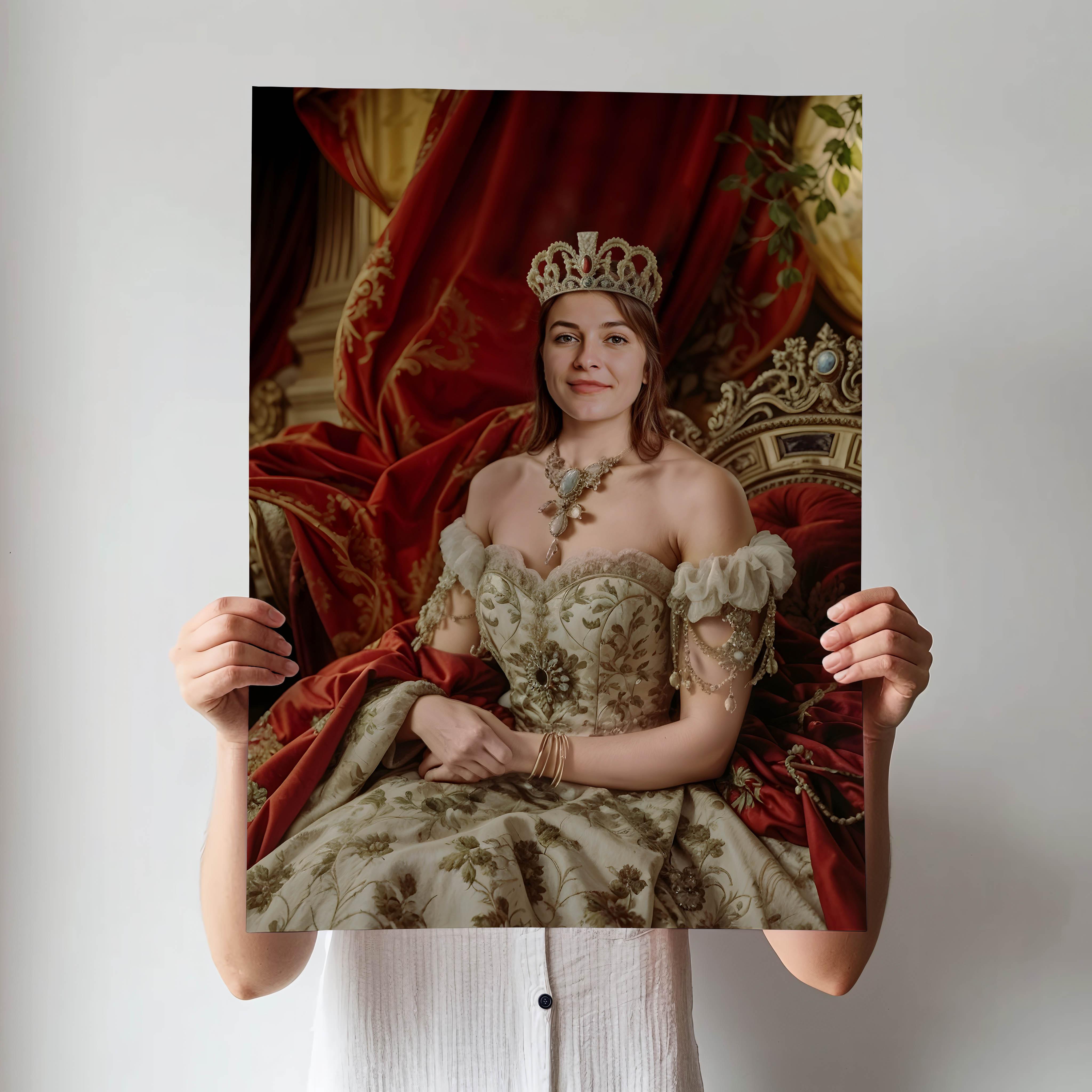 Custom Royal Renaissance Portrait - Noble Queen in Floral Embroidery printed custom portrait held in hands - Furr and Family