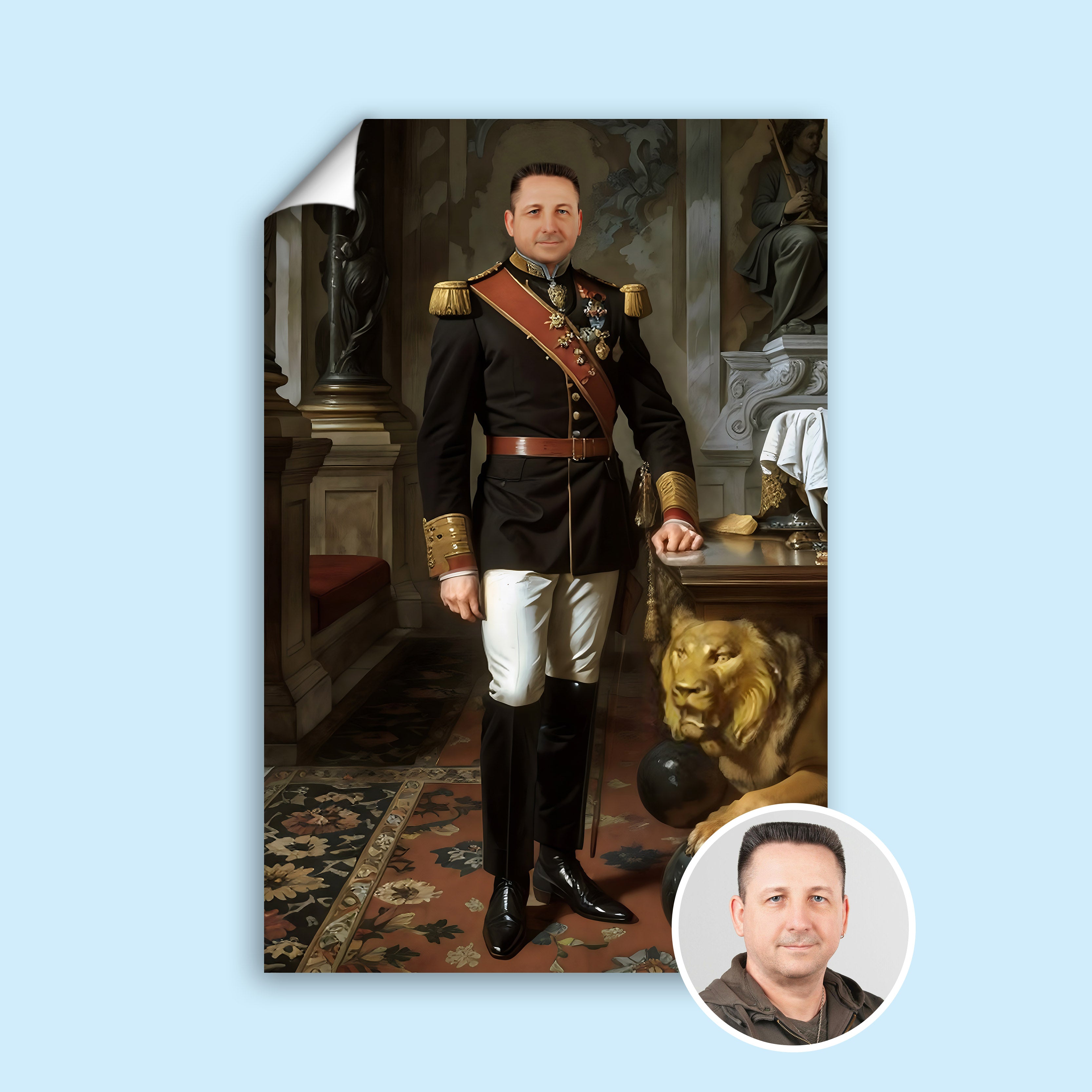 Custom Royal Portrait – Man in Suit with Lion at His Side