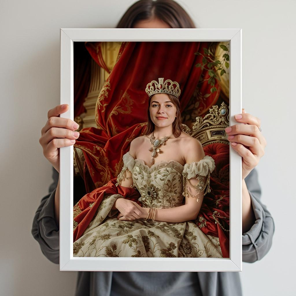 Custom Royal Renaissance Portrait - Noble Queen in Floral Embroidery printed custom portrait held in hands - Furr and Family