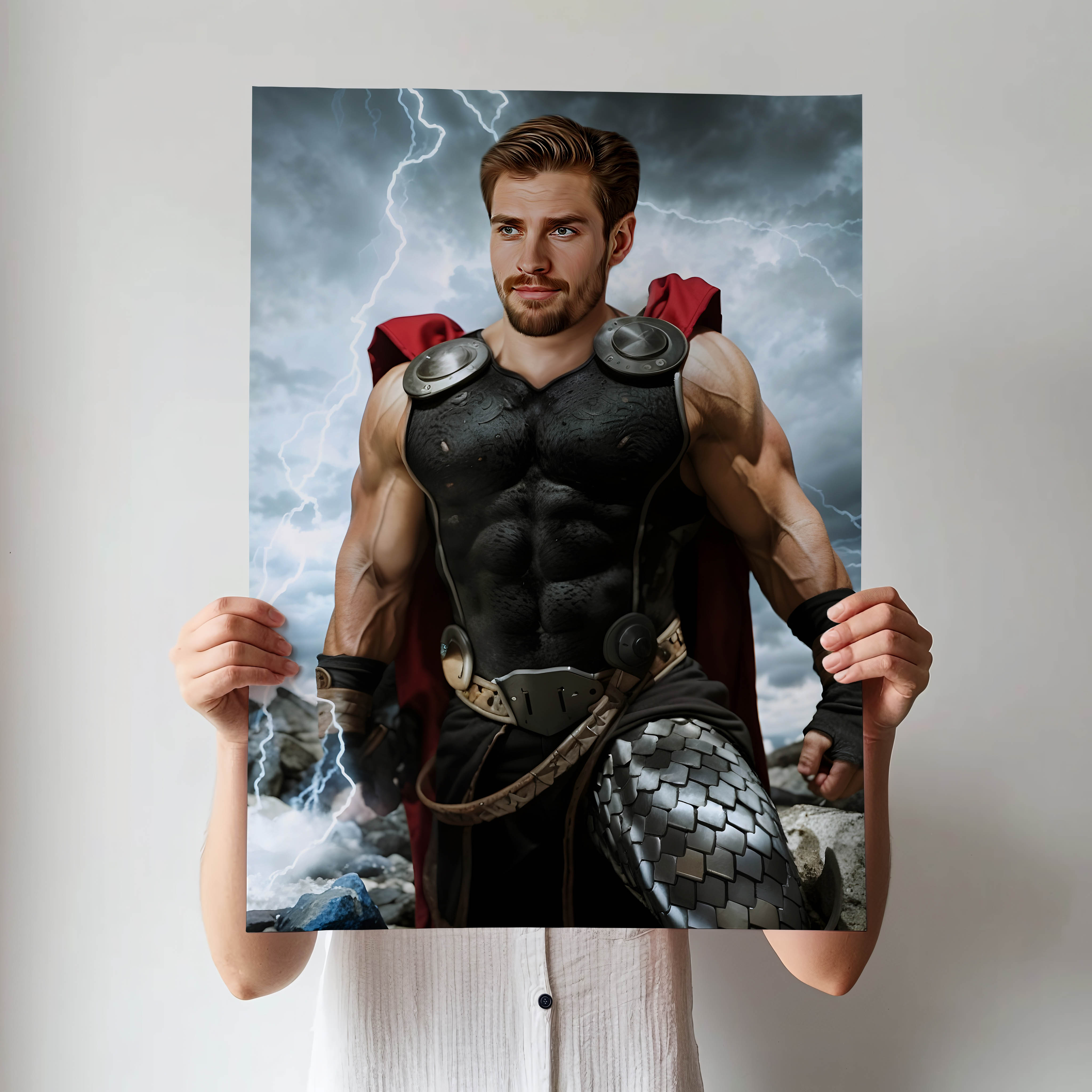 Custom Thor Portrait – Man in Black Armor with Red Cape and Lightning
