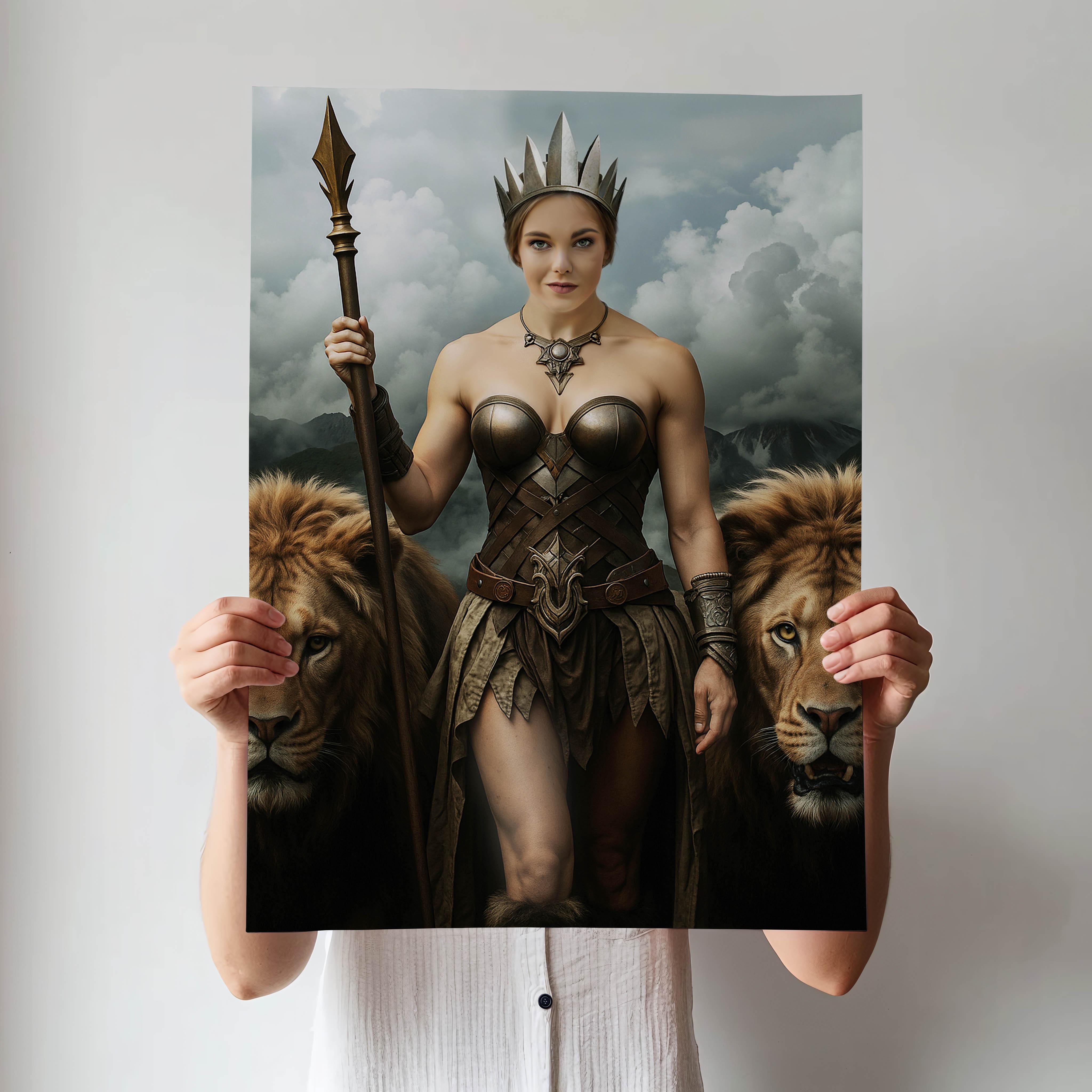 Fantasy portrait of woman as warrior queen standing with lions