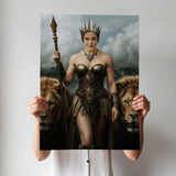 Fantasy portrait of woman as warrior queen standing with lions