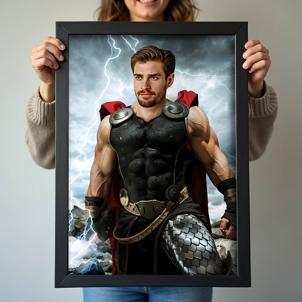 Custom Thor Portrait – Man in Black Armor with Red Cape and Lightning