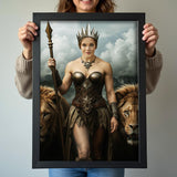 Fantasy portrait of woman as warrior queen standing with lions