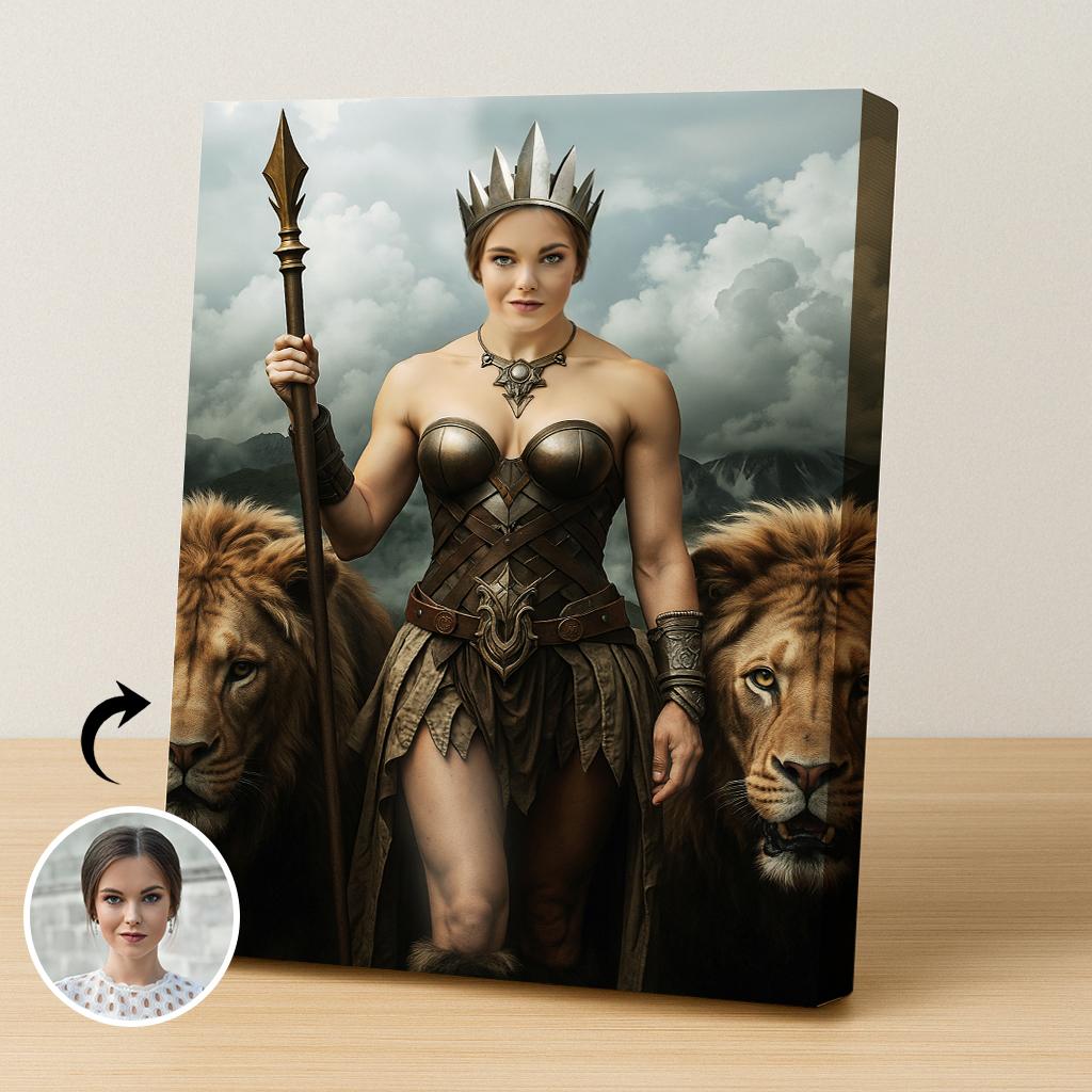 Fantasy portrait of woman as warrior queen standing with lions