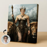 Fantasy portrait of woman as warrior queen standing with lions