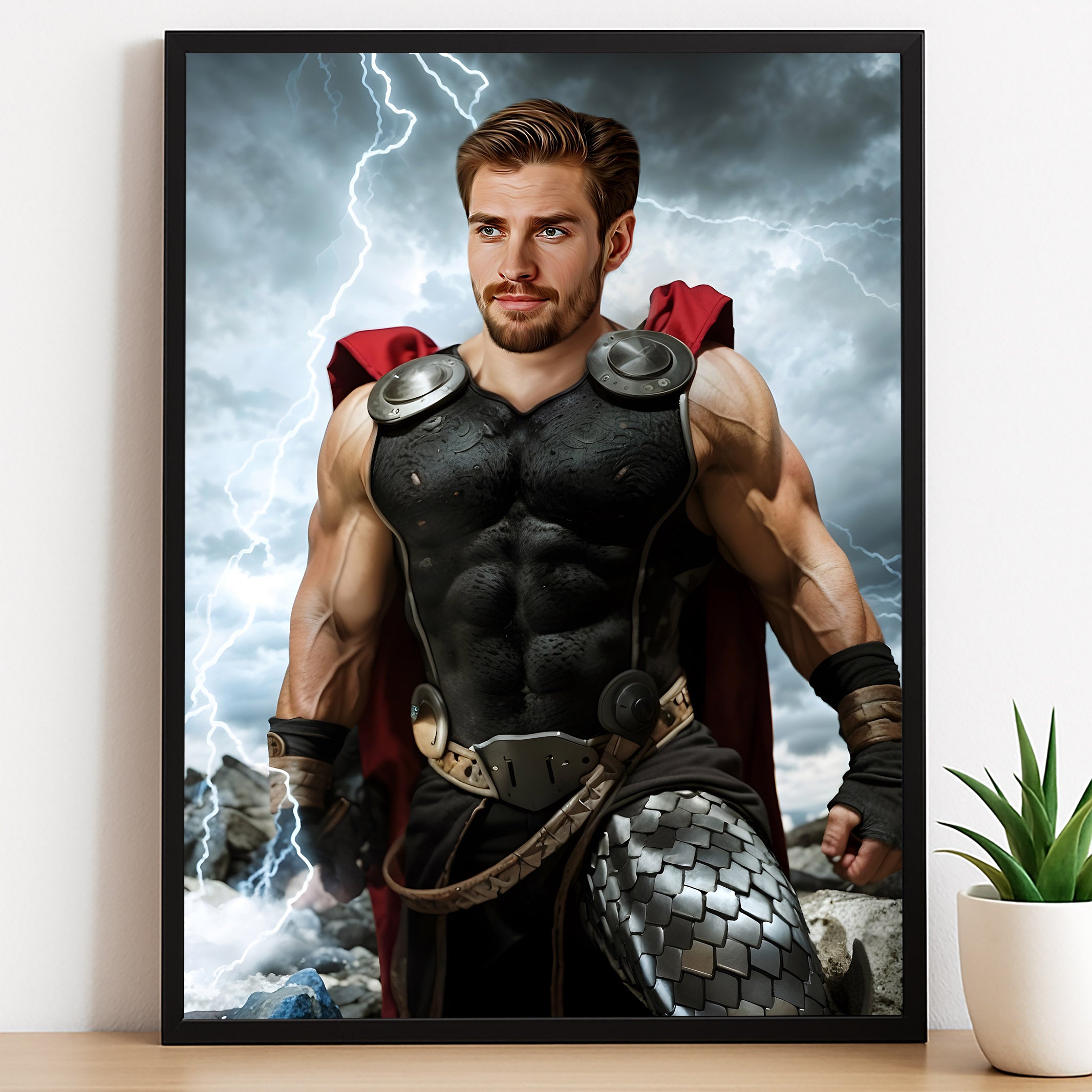 Custom Thor Portrait – Man in Black Armor with Red Cape and Lightning
