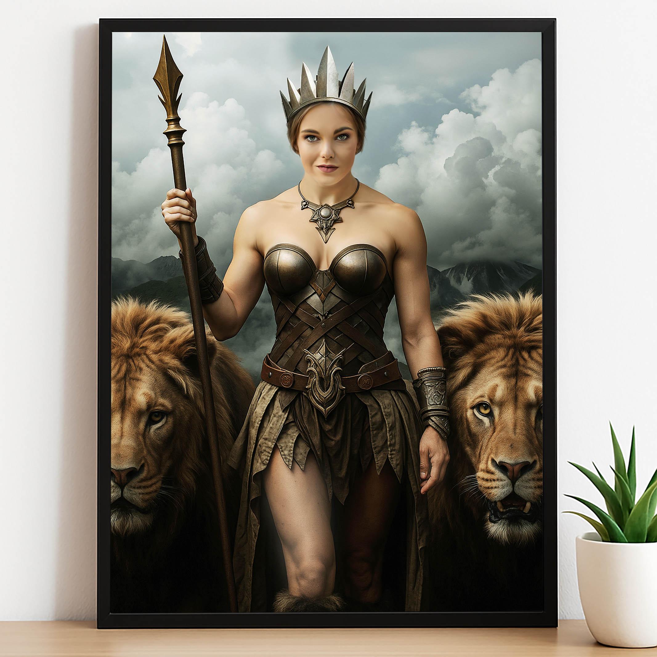 Fantasy portrait of woman as warrior queen standing with lions