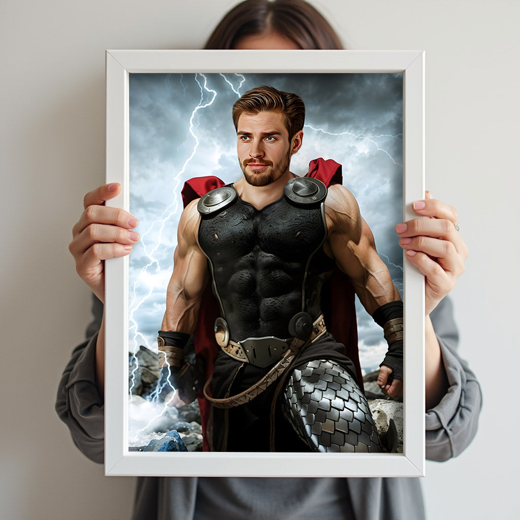 Custom Thor Portrait – Man in Black Armor with Red Cape and Lightning
