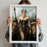 Fantasy portrait of woman as warrior queen standing with lions