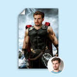 Custom Thor Portrait – Man in Black Armor with Red Cape and Lightning