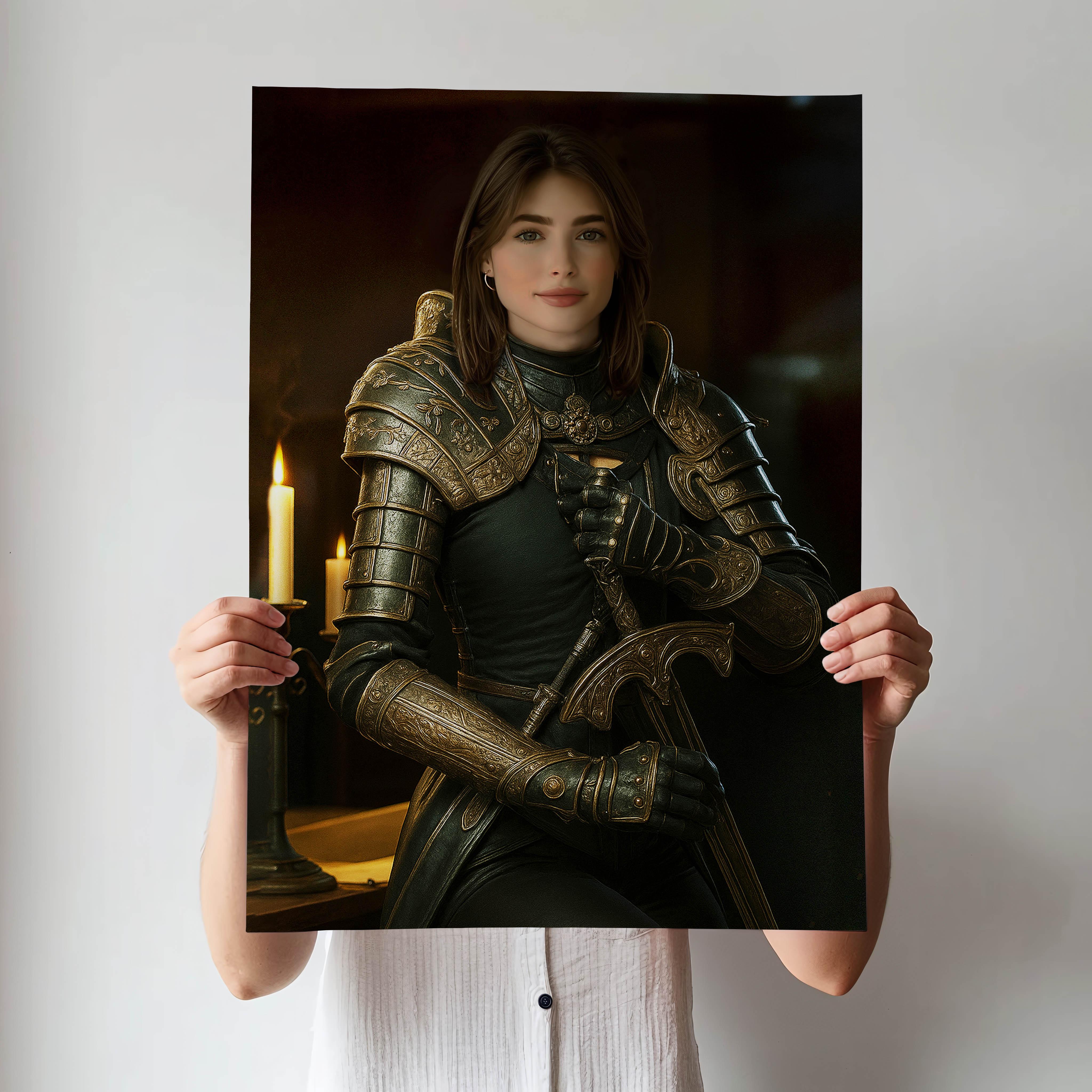 Woman in fantasy knight armor holding a sword in dark candle-lit room