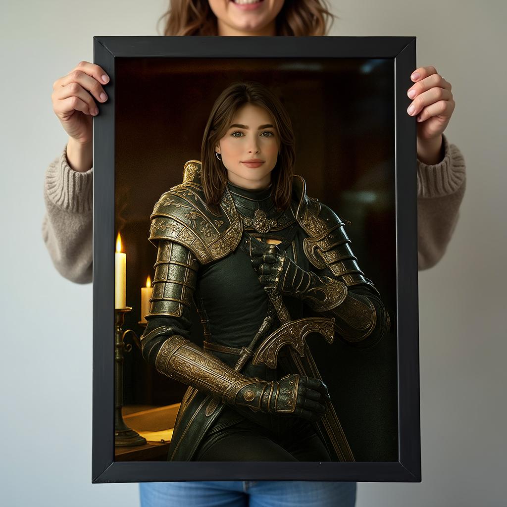 Woman in fantasy knight armor holding a sword in dark candle-lit room
