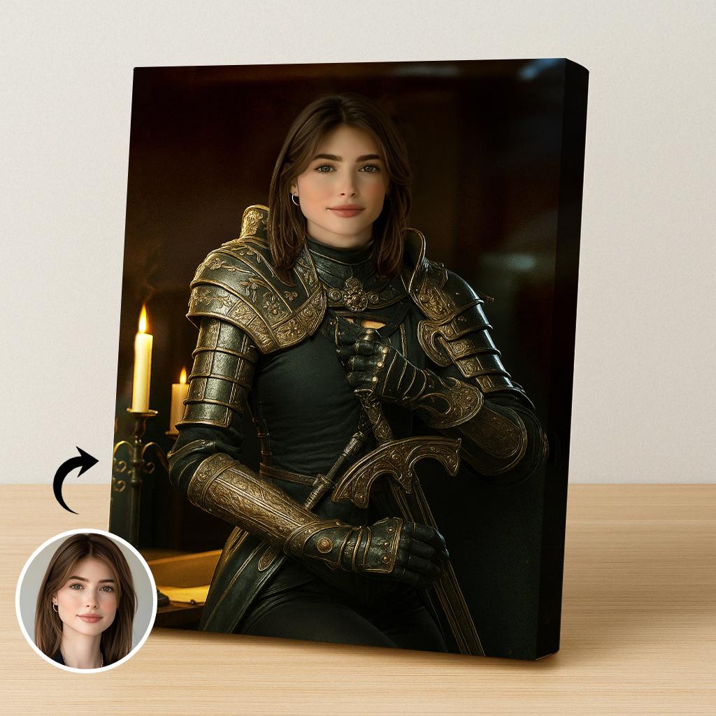 Woman in fantasy knight armor holding a sword in dark candle-lit room