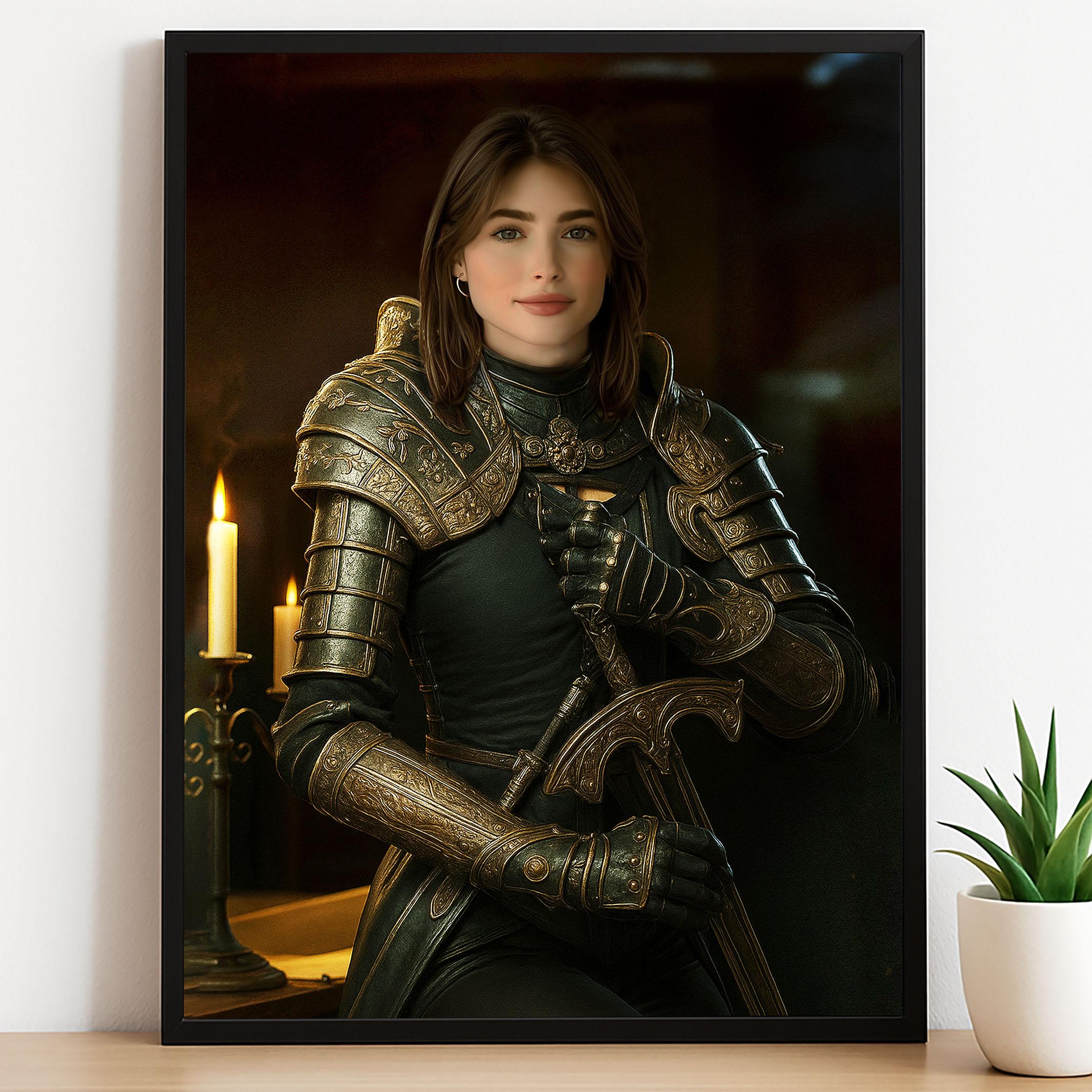 Woman in fantasy knight armor holding a sword in dark candle-lit room
