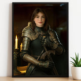 Woman in fantasy knight armor holding a sword in dark candle-lit room