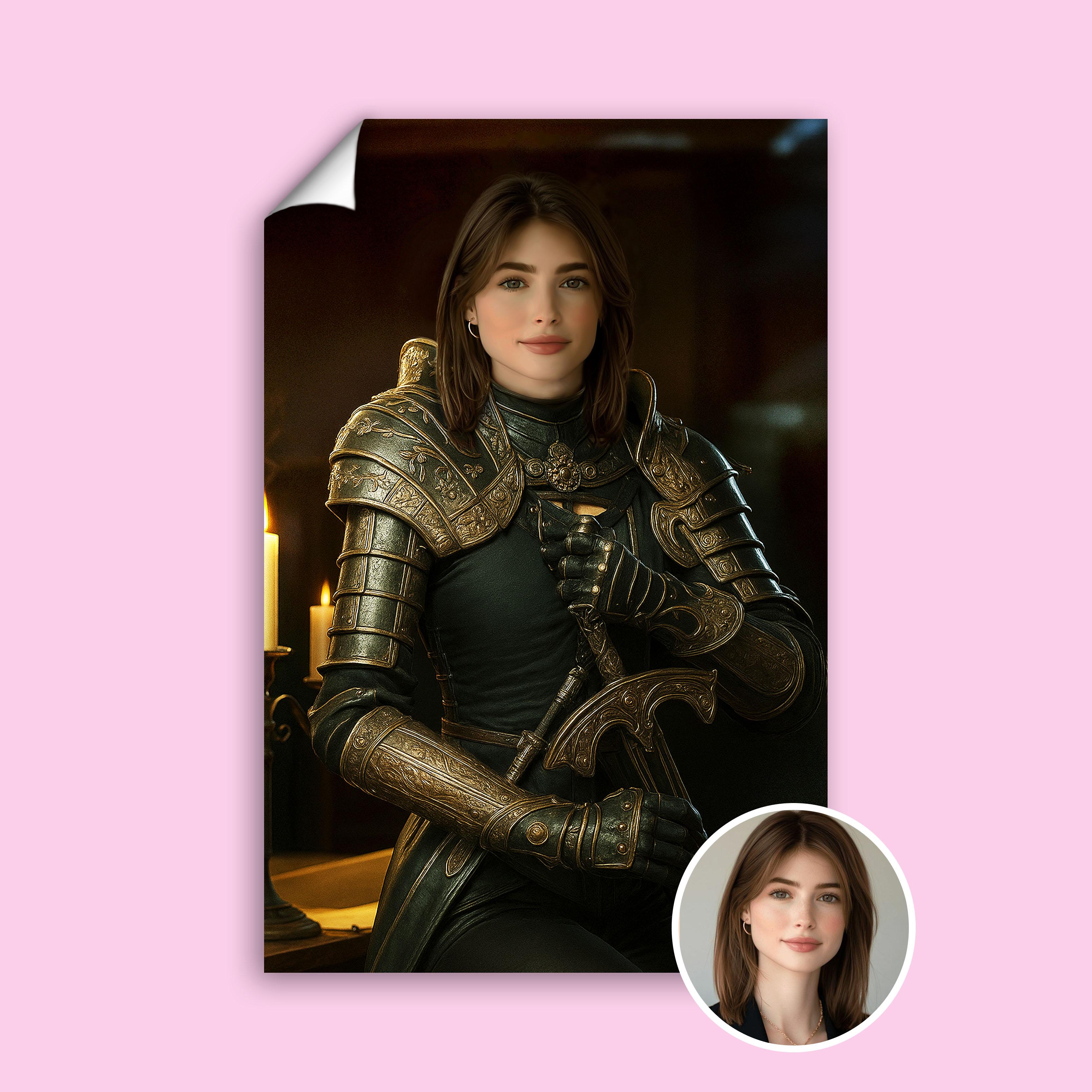 Woman in fantasy knight armor holding a sword in dark candle-lit room