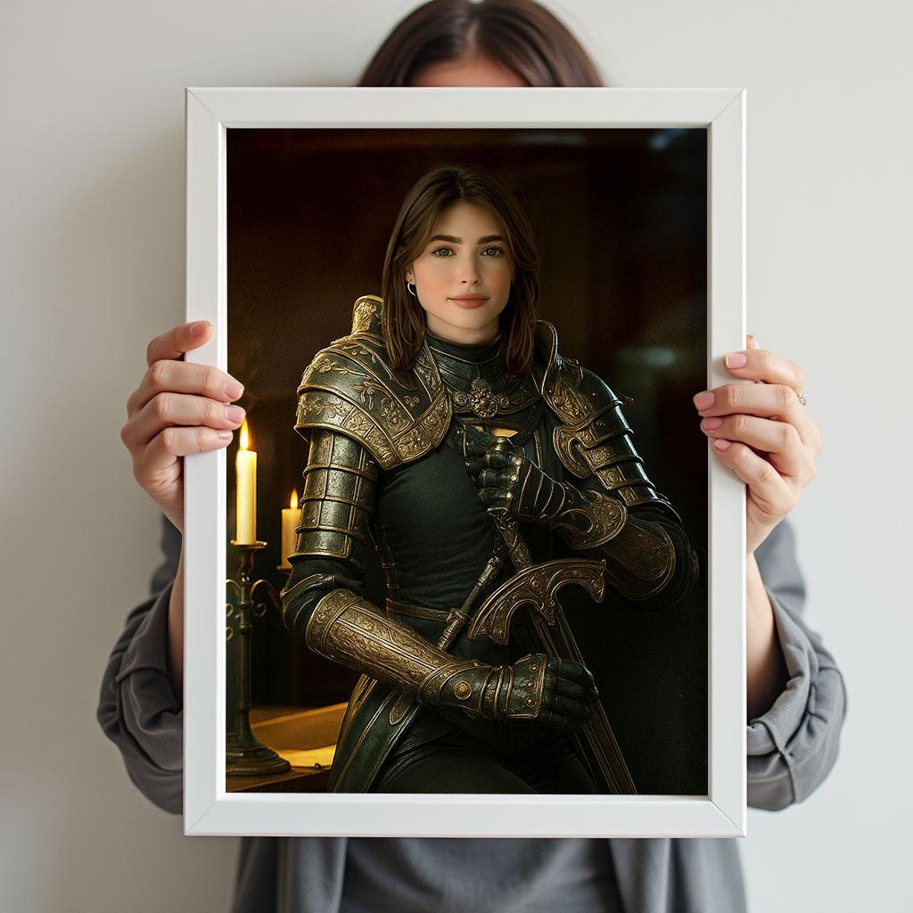 Woman in fantasy knight armor holding a sword in dark candle-lit room