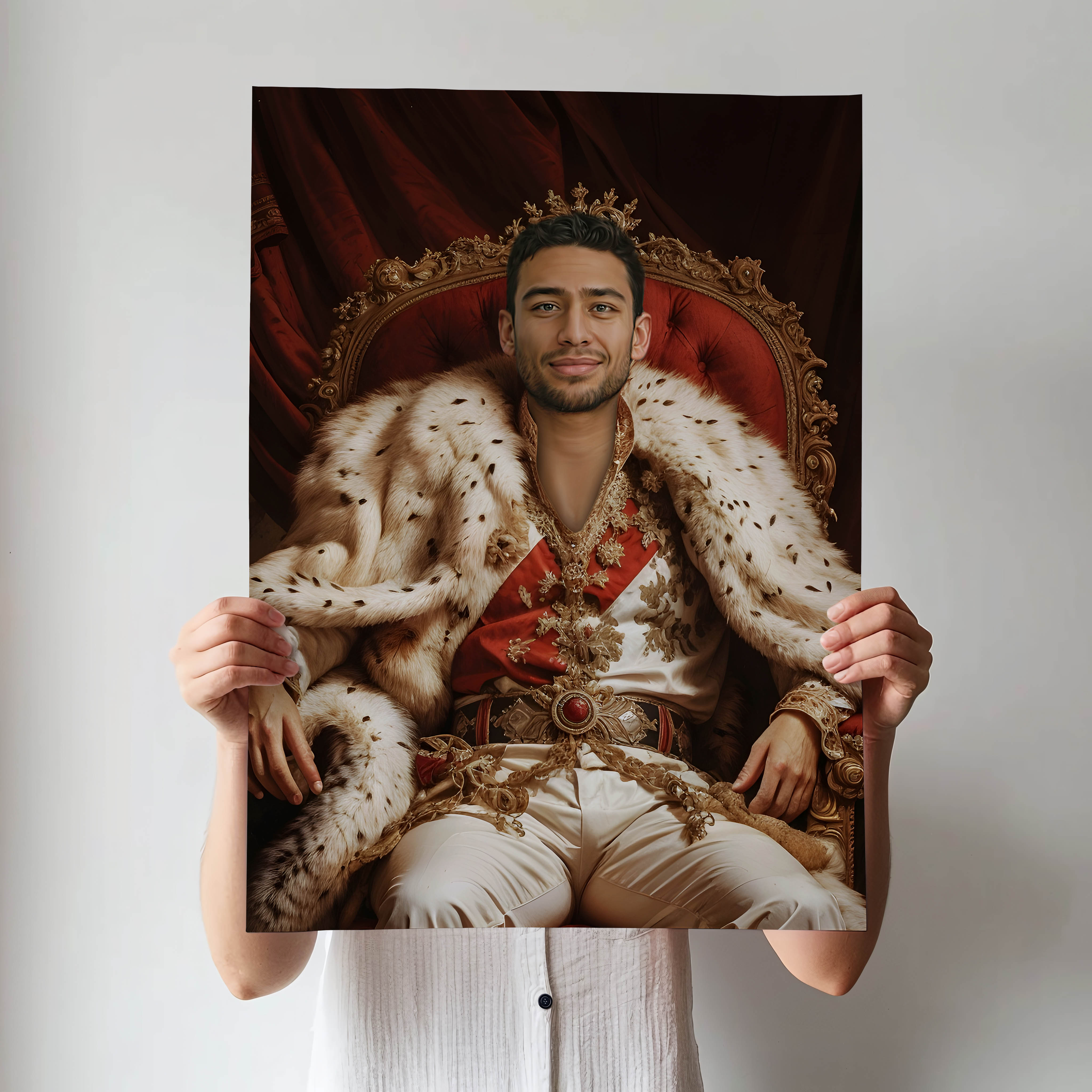 Custom Red Throne Portrait – Man in Crown and Red Royal Cape