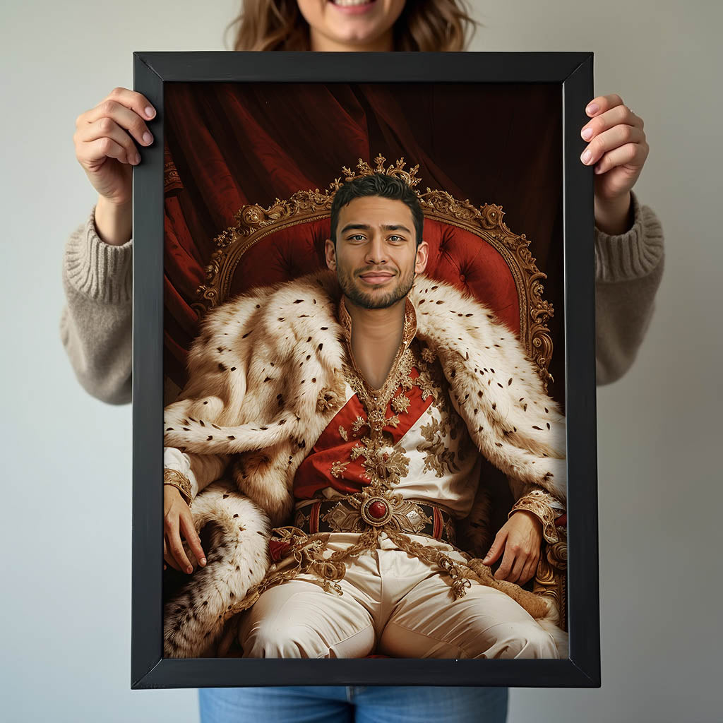 Custom Red Throne Portrait – Man in Crown and Red Royal Cape
