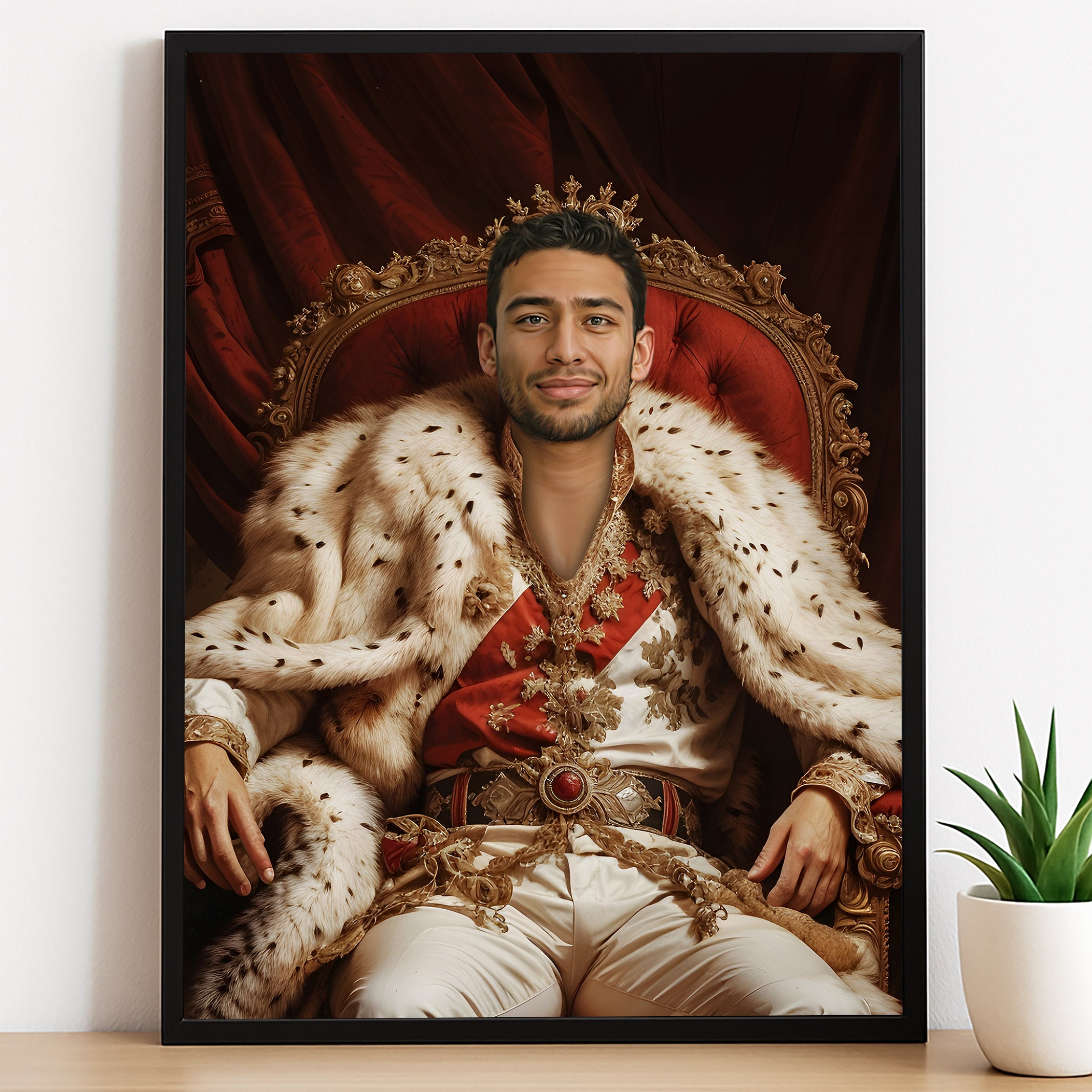 Custom Red Throne Portrait – Man in Crown and Red Royal Cape