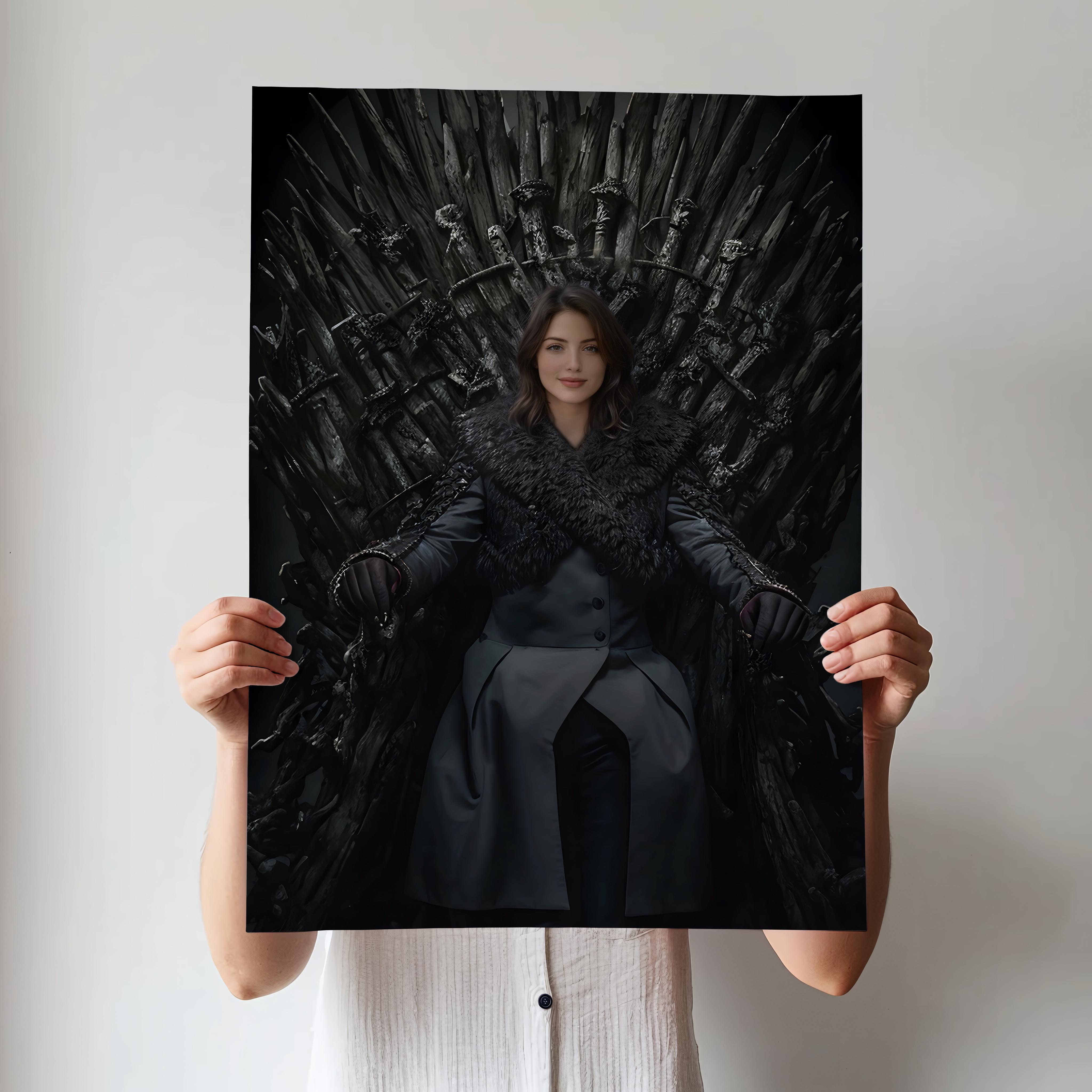 Queen sitting on Game of Thrones-style throne in custom portrait