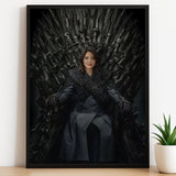Queen sitting on Game of Thrones-style throne in custom portrait