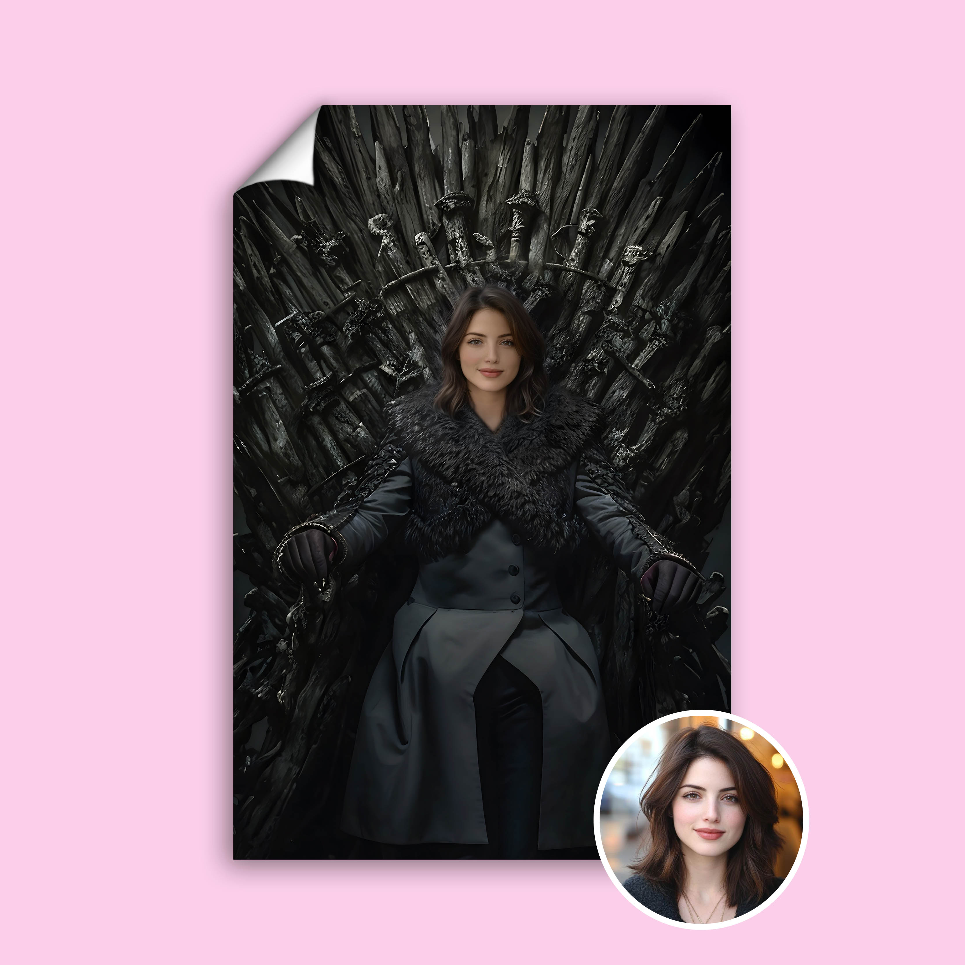 Queen sitting on Game of Thrones-style throne in custom portrait