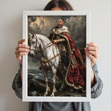 Custom Horseback King Portrait – Man in Cape on White Horse with Clouds