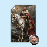 Custom Horseback King Portrait – Man in Cape on White Horse with Clouds