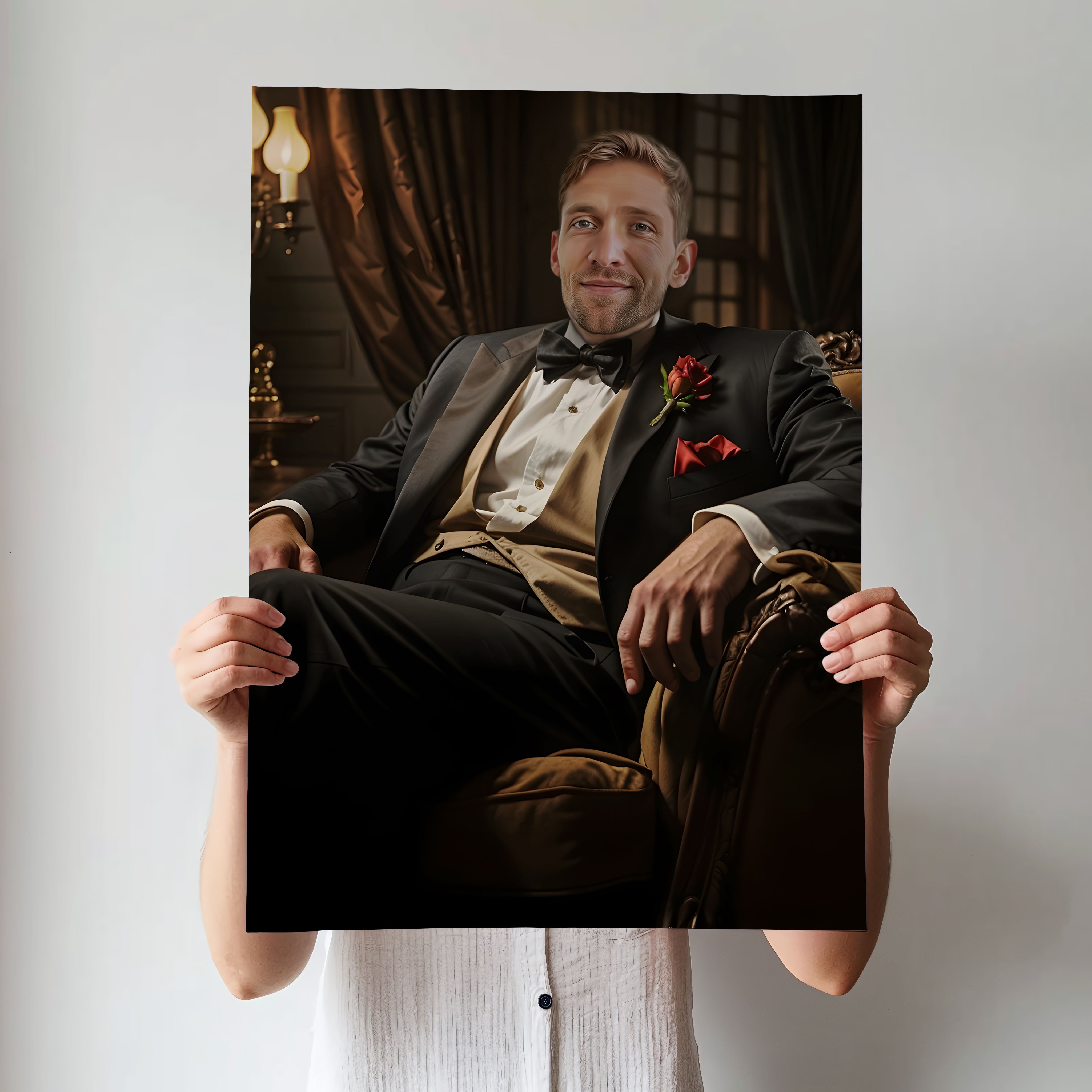 Custom Tuxedo Portrait – Man Sitting in Classic Chair with Rose