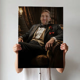 Custom Tuxedo Portrait – Man Sitting in Classic Chair with Rose