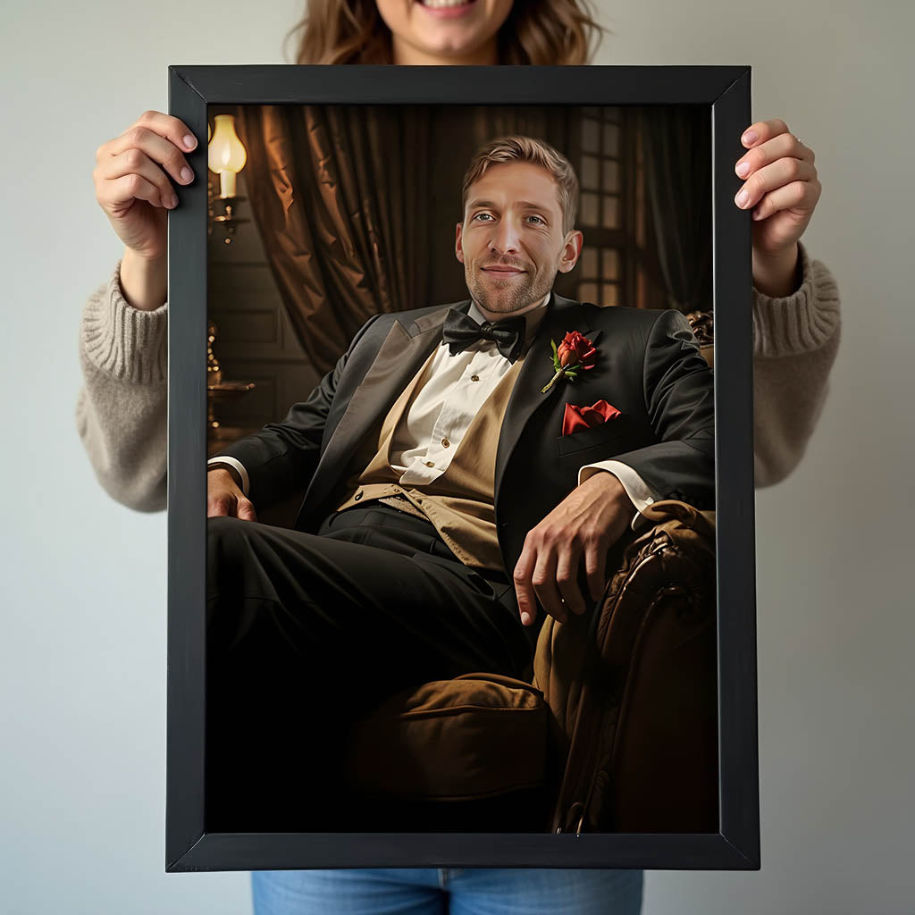Custom Tuxedo Portrait – Man Sitting in Classic Chair with Rose