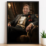 Custom Tuxedo Portrait – Man Sitting in Classic Chair with Rose