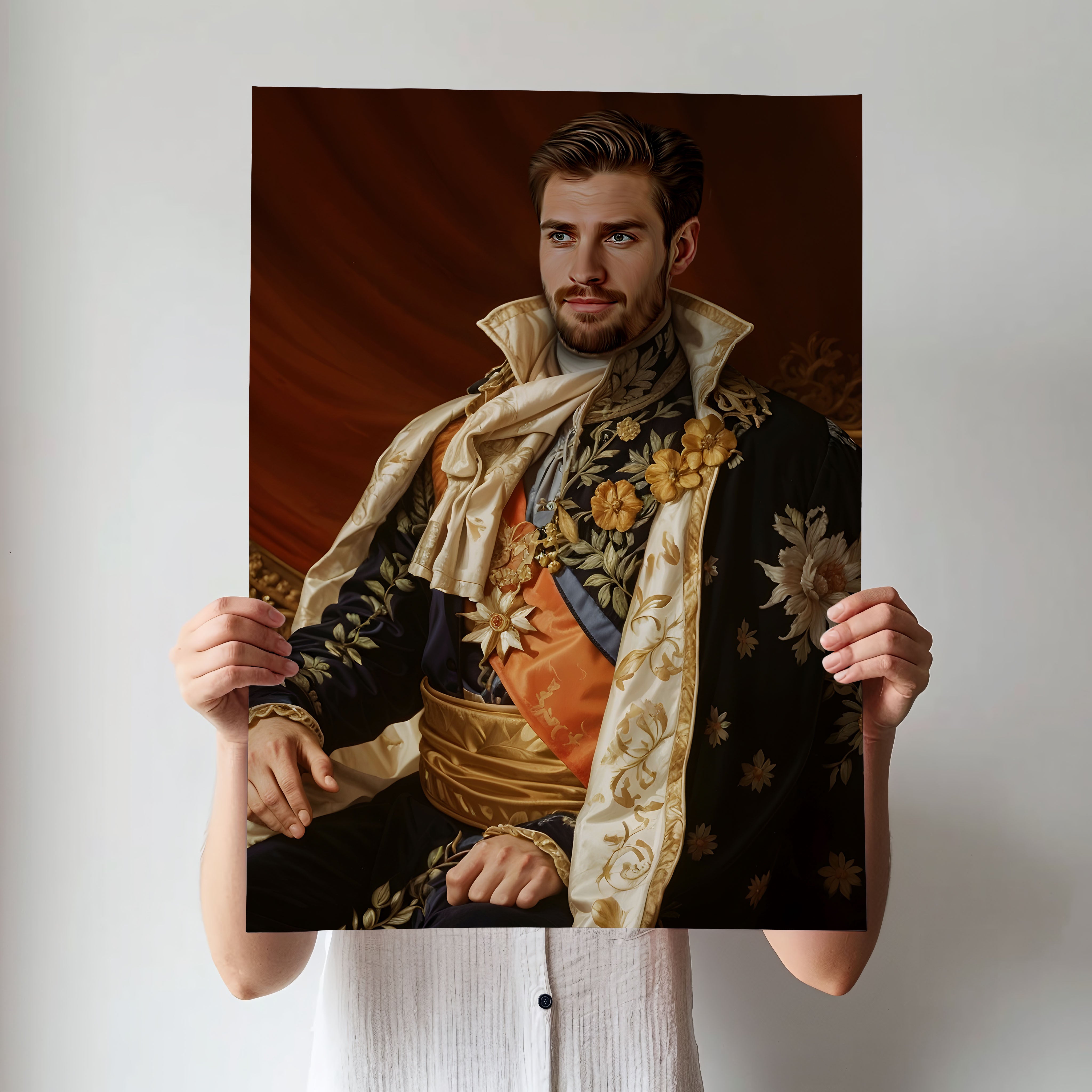Custom Floral King Portrait – Man in Embroidered Robe with Sash